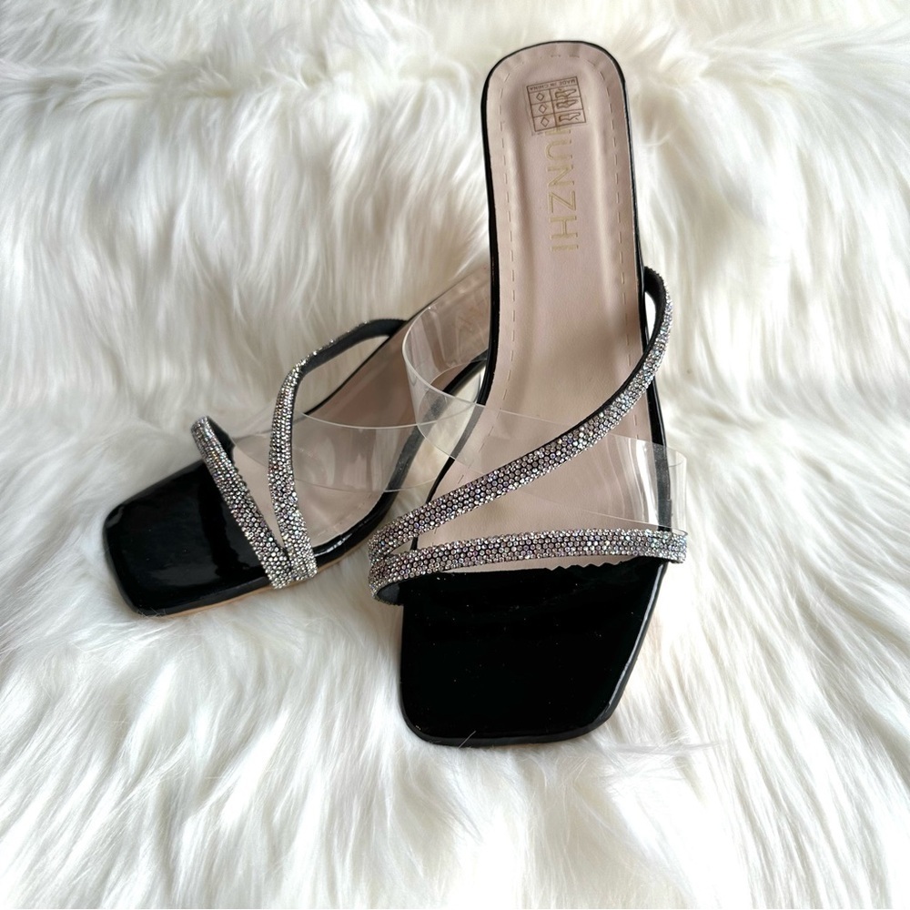 Strappy Rhinestones Slip on Mule Sandals with Glass Kitten Heels -Black & Silver